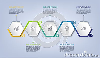 Business infographic template with step or option design. Infographics five options. Diagram with hexagons. Vector Illustration