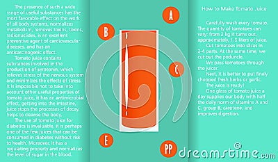 Infographic about the beneficial properties of tomato juice and a method of preparing juice. Stock Photo