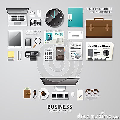 Infographic business office tools flat lay idea. Vector Illustration