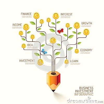 Infographic business pencil tree and coins flat line idea. Vecto Vector Illustration