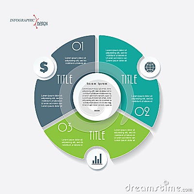 Infographic business template with 3 segments and circle. Vector Illustration