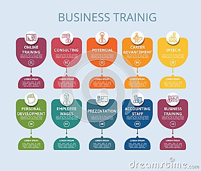 Infographic Business Training template. Icons in different colors. Include Online Training, Consulting, Potencial, Career Stock Photo