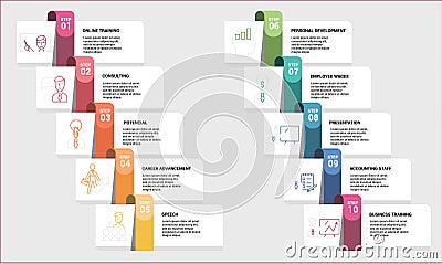 Infographic Business Training template. Icons in different colors. Include Online Training, Consulting, Potencial, Career Stock Photo