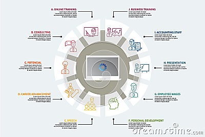 Infographic Business Training template. Icons in different colors. Include Online Training, Consulting, Potencial, Career Stock Photo