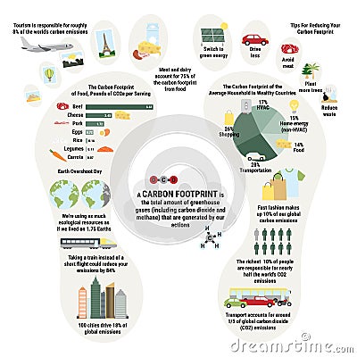 Infographic of carbon footprint of household. Greenhouse gases contribution from food. Tips for reducing personal carbon Vector Illustration