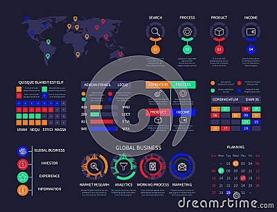 Infographic chart analysis dashboard data info chart world map hud user interface business strategy creative process Vector Illustration