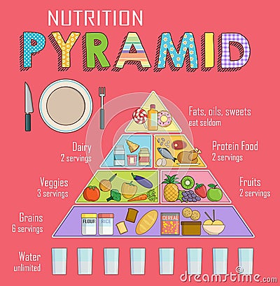 Infographic chart of a healthy balanced nutrition pyramid Vector Illustration