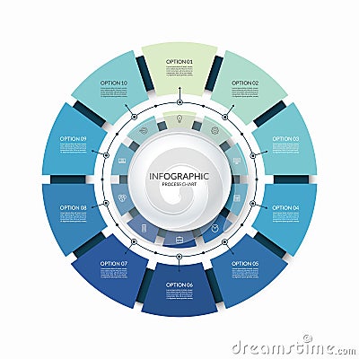 Infographic circular chart divided into 10 parts. Step-by step cycle diagram with ten options. Vector Illustration