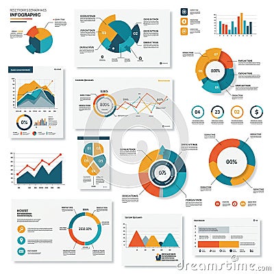 Infographic collection featuring various data visualizations including pie charts, line Stock Photo