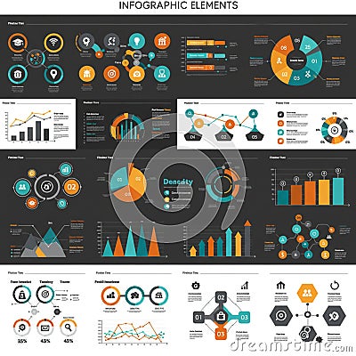 Infographic composed of various elements such as pie charts, bar graphs, line graphs Stock Photo