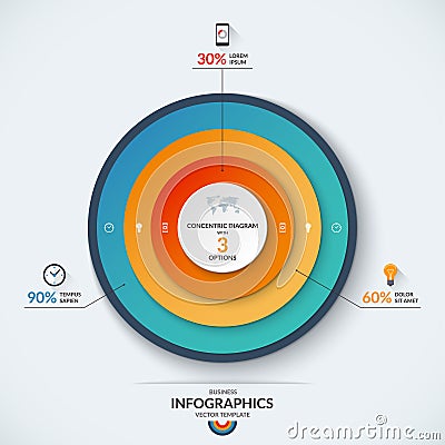 Infographic concentric diagram template with 3 options Vector Illustration