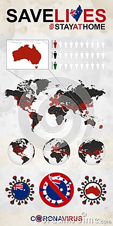 Infographic about Coronavirus in Australia - Stay at Home, Save Lives. Australia Flag and Map Vector Illustration