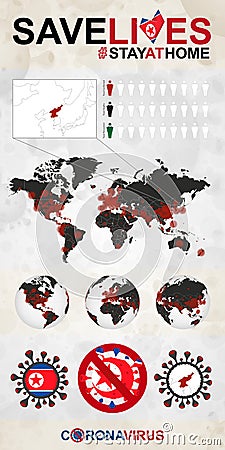 Infographic about Coronavirus in North Korea - Stay at Home, Save Lives. North Korea Flag and Map Vector Illustration