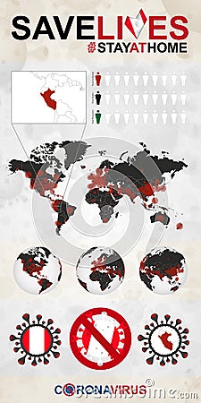 Infographic about Coronavirus in Peru - Stay at Home, Save Lives. Peru Flag and Map Vector Illustration