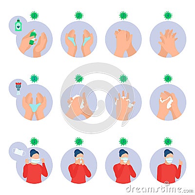 Infographic, coronavirus prevention. Wearing protective mask and washing hands properly. Healthcare icons set. Vector Illustration