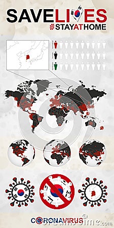 Infographic about Coronavirus in South Korea - Stay at Home, Save Lives. South Korea Flag and Map Vector Illustration