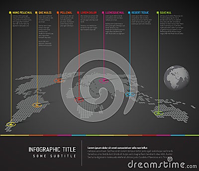 Infographic: Dark World map with pointer marks Vector Illustration