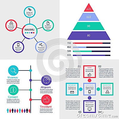 Infographic dashboard. Information banners with finance graphs, pyramid and comparison diagrams vector set Vector Illustration