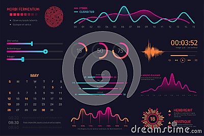 Infographic dashboard template. Data screen with colorful graphs, charts and HUD elements, statistics and analytics Vector Illustration