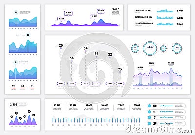 Infographic dashboard. Ux ui interface, information panel with finance graphs, pie chart and column diagrams. Progress Vector Illustration
