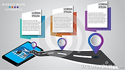 Infographic design 3d mobile tablet with road navigation, concept of navigator technology.Timeline with 3 steps, number options. Cartoon Illustration