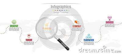 Infographic design elements for your business data with 6 options, parts, steps, timelines or processes and transparent magnifying Vector Illustration