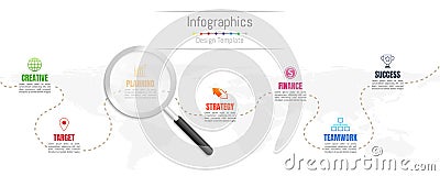 Infographic design elements for your business data with 7 options, steps, timelines or processes and transparent magnifying glass. Vector Illustration