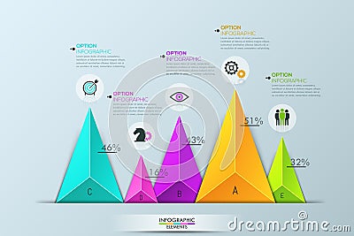 Infographic design layout, bar chart with 5 separate multicolored triangular elements Vector Illustration