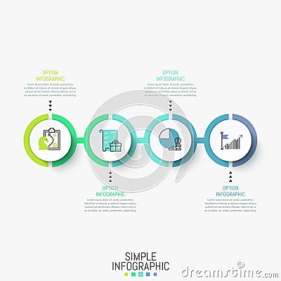 Infographic design layout. Horizontal diagram with 4 round elements successively connected by line, icons and text boxes Vector Illustration