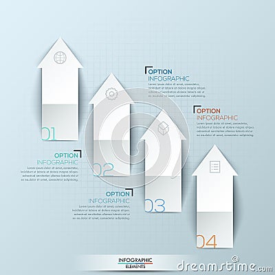 Infographic design layout with 4 numbered upward pointing arrows and text boxes Vector Illustration