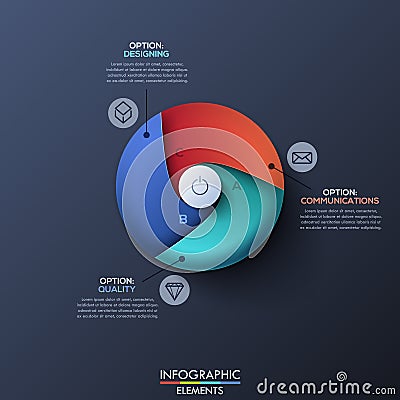 Infographic design template with circle divided by 3 lettered spiral sectors and start button in center Vector Illustration