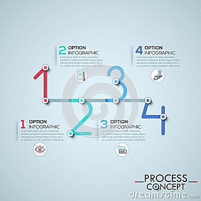 Infographic design template with elements connected by lines in shape of four numbers Vector Illustration