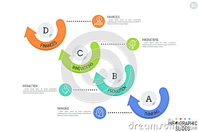 Infographic design template. Four round elements arranged in diagonal line, surrounded by arrows and connected with Vector Illustration