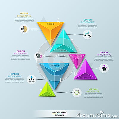 Infographic design template with 6 separate multicolored pyramidal elements divided into pairs Vector Illustration