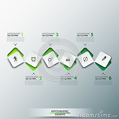 Infographic design template with timeline and 6 connected square elements in green color Vector Illustration