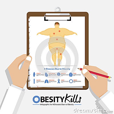 Infographic for 8 Diseases due to obesity in men in flat design. Clipboard in doctor hand. Medical and health care report. Vector Illustration