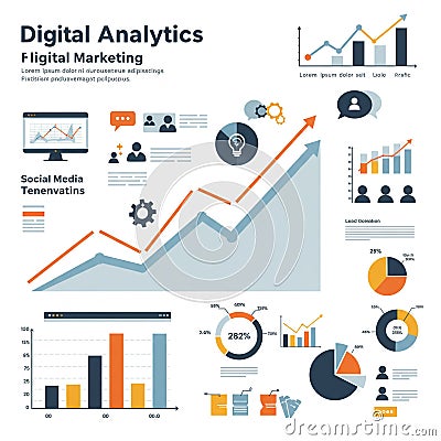 Infographic displaying digital analytics and marketing data. Features charts, graphs, Stock Photo