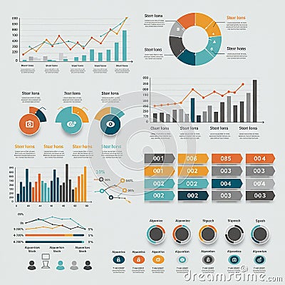 Infographic displaying various data visualization elements: line, bar, and pie charts. Stock Photo