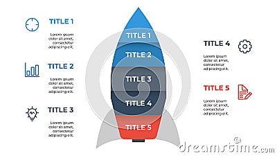 infographic element layout template with rocket concept design, 5 points, options. processes, idea, list, diagram, chart Vector Illustration
