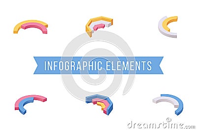 Infographic elements isometric vector illustrations set. Various multi level pie chart slices, circular diagram 3D icons Vector Illustration