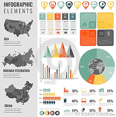 Infographic Elements Set with maps of the countries USA, China, Russian Federation. Business infographic with markers Vector Illustration