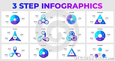 Infographic featuring multiple three step diagram styles including circles, triangles, and star patterns, ideal for Vector Illustration