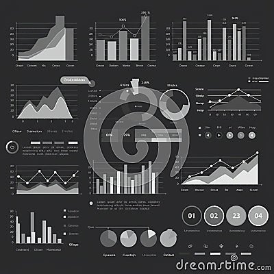 Infographic featuring various charts and graphs in grayscale, including bar graphs Stock Photo