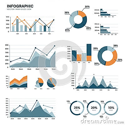 Infographic featuring various data visualizations, including bar graphs, line charts, pie Stock Photo