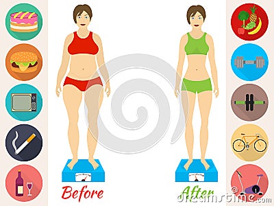 Infographic of fitness and sport, healthy lifestyle, women exists before - after the diet Vector Illustration