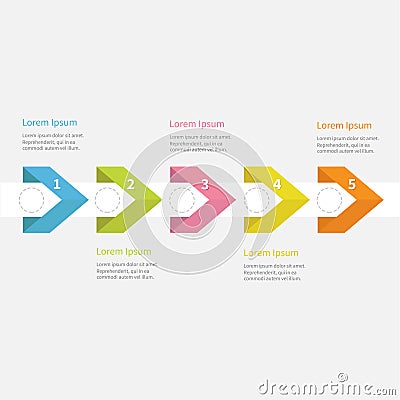 Infographic five step with ribbon arrow dashed circle and text. Template. Timeline Flat design. Vector Illustration