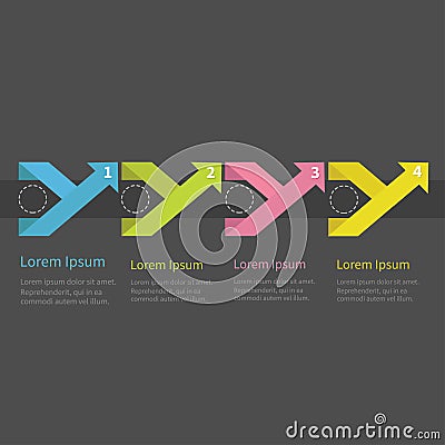 Infographic five step with ribbon up side arrow dashed circle and text. Template. Timeline Dark background Flat design. Vector Illustration