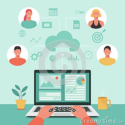 People working online or remote working together via laptop Vector Illustration