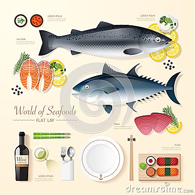 Infographic food business seafood flat lay idea. Vector Illustration