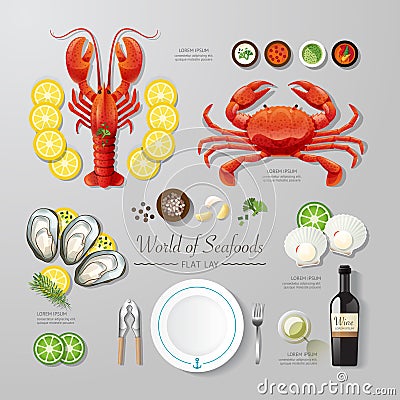 Infographic food business seafood flat lay idea. Vector Vector Illustration